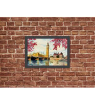 Ahşap Kendinden Çerçeveli Tablo - Big Ben Saat Kulesi, Nehir Teması, Standart - 20x28cm (Çok Renkli)