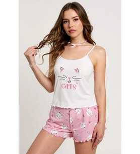 Renkli Kedi Desenli Askılı Şortlu Kadın Pijama Takımı