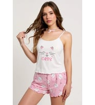 Renkli Kedi Desenli Askılı Şortlu Kadın Pijama Takımı