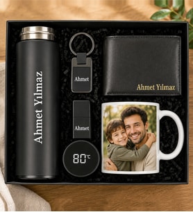 Kişiye Özel Premium Kutu Dijital Göstergeli Termos,Fotoğraflı Kupa Bardak,Lüx Metal Anahtarlık,Çakmak Erkek Cüzdan Aksesuar Seti