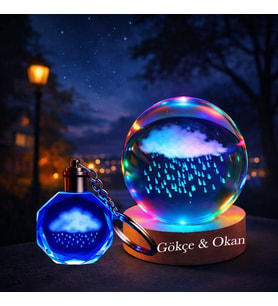İsme Özel Işıklı Ahşap Kaideli  Yağmur Bulutu Temalı Cam Küre 8*6cm Ve Anahtar Seti