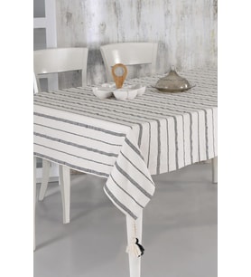 Çizgili Ponpon Detaylı Buldan Kumaşı Masa Örtüsü (Natural)