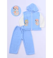 BEBEK POLAR 3LÜ TAKIM KAPŞONLU FERMUARLI NAKIŞLI C23 (Mavi)