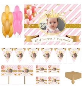 Hayaller Dükkanı Altin Konsept, Prenses Temalı Doğum Günü Süsleme ve Magnet set,  1 Yaş doğum günü süsleri, Kız Çocuk