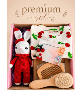 Yenidoğan Bebek Hediye Tulum Kutusu Oyuncaklı Bebek Kirazlı Premium Set