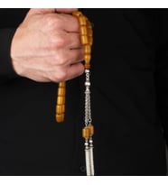 OSMANLI BENZETMEZİ GÜMÜŞ PÜSKÜLLÜ SIKMA KEHRİBAR TESBİH (Sarı)