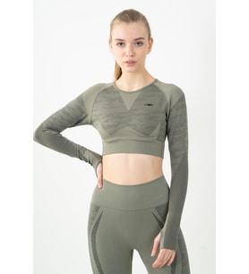 Maraton SlimFit Kadın Bisiklet Yaka  Açık Haki Crop Top