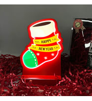 Happy New Year Çorap Yılbaşı Masaüstü Led Lamba/gece Lambası/usb’li Ve Uv Baskılı (leon—led Ile Neon Görünüm) 11*14