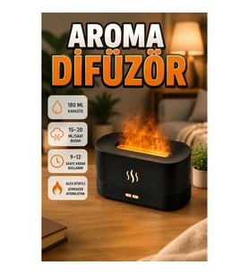 180 ML Ultrasonik Aroma Difüzörü – Buharlı Aromaterapi ve Dekoratif Alev Efekti