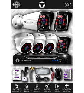 TURKNO 6 Kameralı Karia 3 İç Kamera Set 2 TB HDD Full HD Gece Görüşlü Güvenlik Kamerası Sistemi