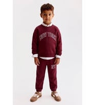 New York Yazı Baskılı Bordo Sweatshirt - Paçası Lastikli Nakışlı NY Eşofman Altı Alt Üst 3ip Takım