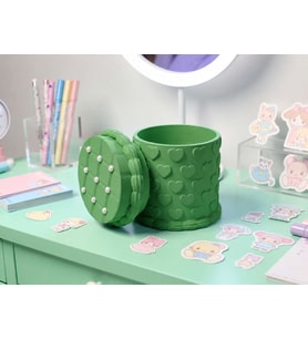 3D Baskı Kabartma Kalp Desenli Kapaklı Kalemlik - Masaüstü Organizer - Yeşil