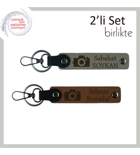 Sanat ve Sevgiyi Birleştiren Hediye, Kamera Temalı İsimli 2’li Anahtarlık, Kül Gri-Açık Kahve
