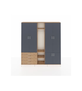 Arges Dolap 14 Raflı 4 Çekmeceli Tek Askılı 220x30x243 Çam-Antrasit/Çam