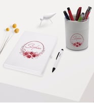 BK Gift Kişiye Özel Çiçek Tasarımlı Beyaz Defter Kalem ve Kalemlik Hediye Seti - Model 1