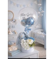 Yenidoğan, hoşgeldin bebek balon Hediye Kutusu – Peluş Tavşan &Balonlu (Bebe Mavisi)