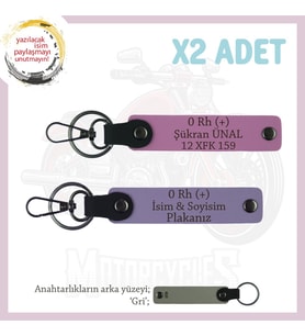 Motor Severlere Özel, İsim Plaka, 0 Rh (+) Kan Grubu Yazılı Özel Tasarım x2 Anahtarlık, Mor-Pembe-Gr (Çok Renkli)