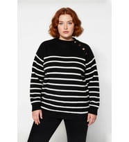 Kadın Siyah Çizgili Bisiklet Yaka Triko Kazak Gold Düğme Detaylı Şardon Akrilik Kışlık Şıklık