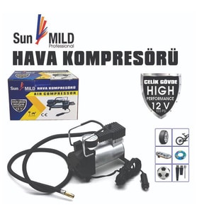 Sunmild Lastik Hava Kompresörü Siyah Çelik Gövde Yüksek Performan (Krom)