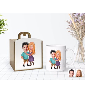 BK Gift Kişiye Özel Ahşap Kutuda Sevgililer Karikatürlü Beyaz Kupa Bardak-80