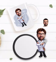 BK Gift Kişiye Özel Erkek Kasap Karikatürlü Beyaz Kupa ve Ahşap Bardak Altlığı Hediye Seti-1