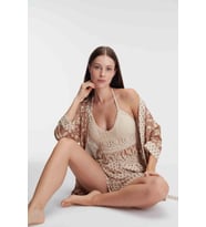 Kadın İp Askılı V Yaka Cotton Çiçek Desenli Yazlık Dokuma Mini Pijama Takımı Sabahlık (Renksiz)