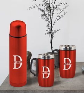 BK Gift Kişiye Özel Deri Çantalı Kırmızı Seyahat Termosu ve İkili Termos Mug Hediye Seti - 3