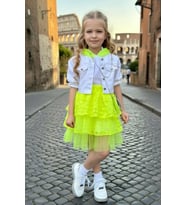 Kız Çocuk Kapüşonu Dantel Detaylı T-Shirt Kot Ceketli Dantelli Neon Sarı Etekli