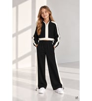 Bordo Kız Çocuk Fermuar Yaka Crop Sweatshirt Şeritli Geniş Paça Eşofman Takımı 24945