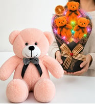 Renkli LED Işıklı Turuncu Peluş Ayıcık Buketi ve 50 cm Pembe Peluş Ayıcık Hediye Seti