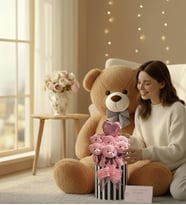 Premium 90 cm Peluş Ayı ve Silindir Kutuda, Kalpli Balonlu 6’lı Pembe Ayıcık Buketi (Kahverengi)