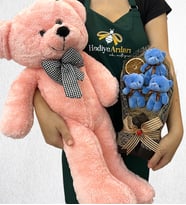 Özel Tasarım 3'lü Peluş Ayıcık Buketi ve Büyük Boy Pembe Peluş Ayıcık (Model 4)