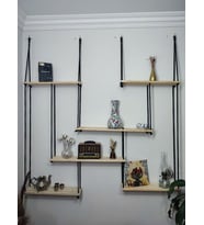 Duvar Rafı 6 Gözlü Ham Ahşap Verniksiz İpli 110*130 cm Dekoratif
