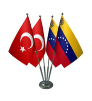 Masa Üstü Venezuella Bayrağı Türk Bayrağı Dörtlü Krom Direk Masa Bayrak Seti