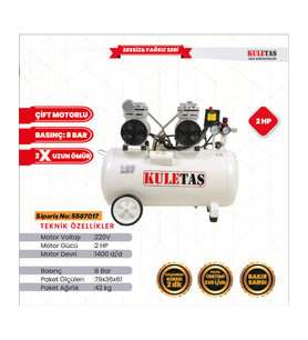 Kuletaş 50 Litre Kompresör 2HP 8 Bar Ultra Sessiz Yağsız Çift Motorlu Bakır Sargılı Süper Hızlı