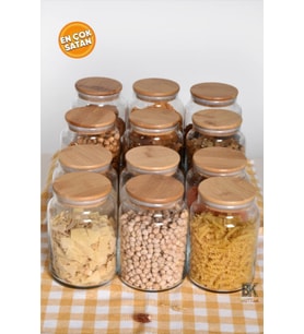 12'li Bambu Kapaklı Cam Kavanoz Seti, 935 ml, şık ve dayanıklı tasarım