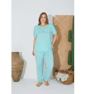 Estiva 24072 Büyük Beden Kadın Kısa Kollu Pijama Takım (Yeşil)