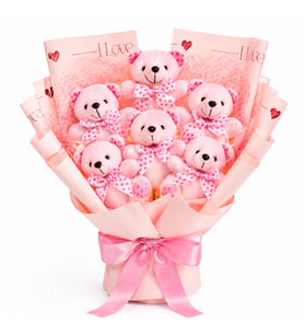Pembe Ayıcık Buketi 6 Ayıcık – 3 Kademe Işıklı