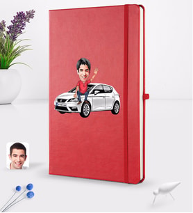 BK Gift Kişiye Özel Plakalı Erkek Seat Leon Karikatürlü Kırmızı Termo Deri Defter 16x24cm Model 1