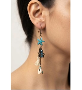 ETNİK BOHEM ESKİTME TURKUAZ DENİZ YILDIZI YILDIZ PÜSKÜL KÜPE
