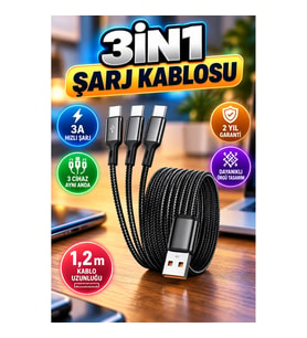 1,2 m Çoklu USB Şarj Kablosu – 3A Hızlı Şarj Destekli Dayanıklı Tasarım