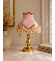 Pudra Pembe Gold Süslemeli Başlık Ahşap Gold Ayaklı Klasik Kadife Abajur 45x28cm