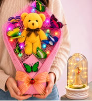 Renkli LED Işıklı Büyük Boy Peluş Ayıcık Buketi ve LED Işıklı Şans Melekli Fanus Sevgiliye Kadına Hediye