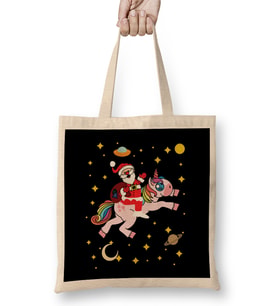 Cute Santa Claus Riding a Unicorn Through Space Bez Çanta Uzun Saplı