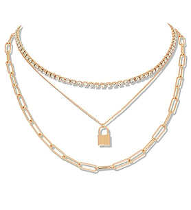 Chavin 3 Katmanlı Taşlı Gold  Alloy Bayan Zincir Kolye en25