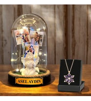 Kişiye Özel İsimli ve 3 Fotoğraflı Beyaz Melekli Fanus & Lotus Kolye  Led Işıklı Tasarım