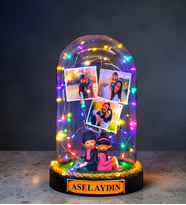 Kişiye Özel Renkli Led Işıklı Fanus 3 Fotoğraflı ve Size Özel Yazılı (Model 9)