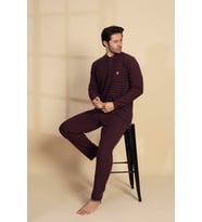 Erkek 3 Düğme Uzun Kol Göğüs Cepli Selanik Kumaş Kışlık Cepli Pijama Takımı (Bordo)