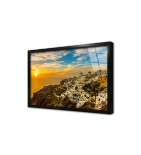 Santorini Adası Çerçeveli Cam Tablo