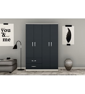 GM 074 NOVAY 4 KAPILI 2 ÇEKMECELİ BEYAZ ANTRASİT GRİ GARDROP